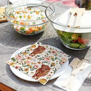 AnyDesign 80Pcs Highland Cow Paper Napkins Boho Floral Cow Disposable Luncheon Napkins Highland Cow Flower Dessert Dinner Hand Napkin for Birthday Farmhouse Baby Shower Supplies, 6.5 x 6.5 Inch