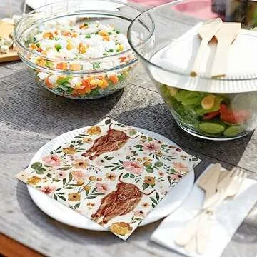 AnyDesign 80Pcs Highland Cow Paper Napkins Boho Floral Cow Disposable Luncheon Napkins Highland Cow Flower Dessert Dinner Hand Napkin for Birthday Farmhouse Baby Shower Supplies, 6.5 x 6.5 Inch