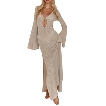 Sastianaen Women Crochet Knit Maxi Dress Y2k Long Sleeve Open Back Dress Hollow Out Bodycon Long Dre...