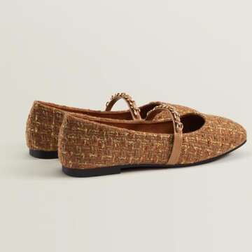 Chicmyth Mary Jane Flats;Square Toe Metal Chain Flats;Tweed Fabric Delicate and Elegant Women Shoes (US 7,Brown)