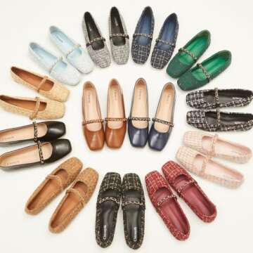 Chicmyth Mary Jane Flats;Square Toe Metal Chain Flats;Tweed Fabric Delicate and Elegant Women Shoes (US 7,Brown)