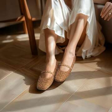 Chicmyth Mary Jane Flats;Square Toe Metal Chain Flats;Tweed Fabric Delicate and Elegant Women Shoes (US 7,Brown)