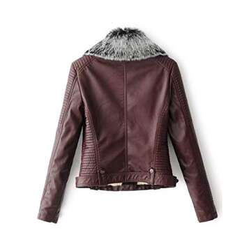 Lentta Women's Faux Fur Collar Pu leather Fleece Lined Warm quilted Moto Jacket (Medium, WineRed)