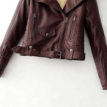 Lentta Women's Faux Fur Collar Pu leather Fleece Lined Warm quilted Moto Jacket (Medium, WineRed)