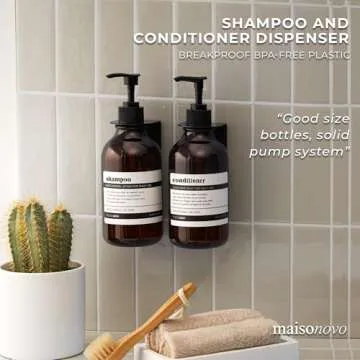 MaisoNovo Shampoo and Conditioner Dispenser - Shower Soap Dispenser Wall Mounted - 16.9 fl oz Set of 2 Amber Plastic Bottles Black Pump - Shampoo Dispenser, Shower Dispenser 2 Chamber No Drill