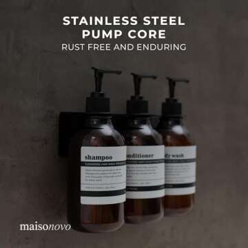 MaisoNovo Shampoo and Conditioner Dispenser - Shower Soap Dispenser Wall Mounted - 16.9 fl oz Set of 2 Amber Plastic Bottles Black Pump - Shampoo Dispenser, Shower Dispenser 2 Chamber No Drill