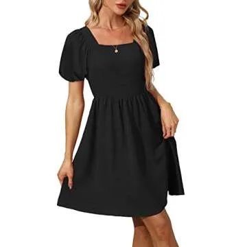 Elegant Women Puff Sleeve Square Neck Dress with Zipper