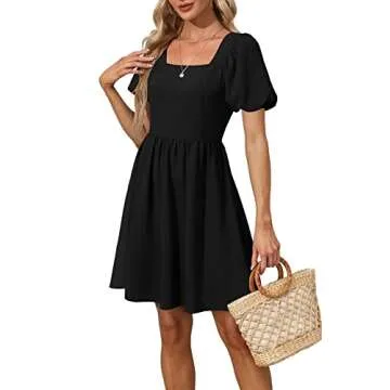 Elegant Women Puff Sleeve Square Neck Dress with Zipper