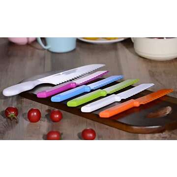 ONUPGO Knives for Kids 6-Piece Nylon Kitchen Baking Knife Set: Plastic Knife Set Children's Cooking Knives Colors/Firm Grip, Serrated Edges, BPA-Free Kids' Knives