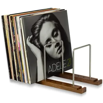 Durable Vinyl Record Storage Holder for 75 LPs, Solid Walnut Vinyl Record Stand with Built-in Now Pl...