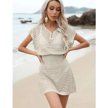 Mokoru Women Crochet Swimsuit Coverup Summer Bathing Suit Swim Cover Up Beach Vacation Dresses Swimwear, Small, Apricot