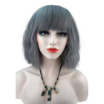 eNilecor Short Fluffy Bob Kinky Straight Hair Wigs with Bangs Synthetic Heat Resistant Women Fashion Hairstyles Custom Cosplay Party Wigs + Wig Cap (Grey)