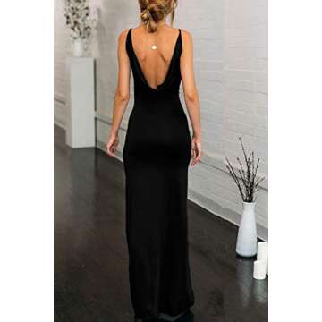 Velius Women's Sexy Spaghetti Strap V Neck High Slit Backless Party Wrap Maxi Dress (Medium, Black)