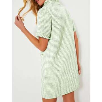 PEHMEA Women's Tweed Dress, Short Sleeve Straight Tube Mini Dress with Pockets for Business Party Work(Green-M)