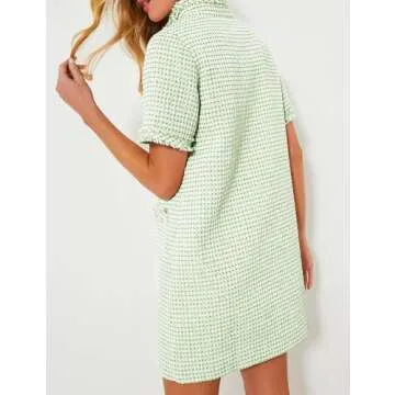 PEHMEA Women's Tweed Dress, Short Sleeve Straight Tube Mini Dress with Pockets for Business Party Work(Green-M)