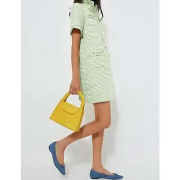 PEHMEA Women's Tweed Dress, Short Sleeve Straight Tube Mini Dress with Pockets for Business Party Work(Green-M)