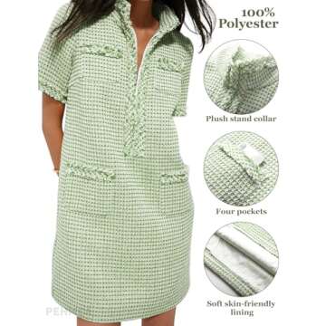 PEHMEA Women's Tweed Dress, Short Sleeve Straight Tube Mini Dress with Pockets for Business Party Work(Green-M)