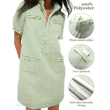 PEHMEA Women's Tweed Dress, Short Sleeve Straight Tube Mini Dress with Pockets for Business Party Work(Green-M)