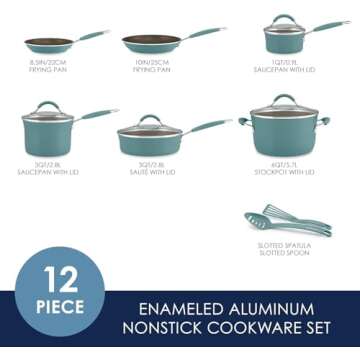 Rachael Ray Cucina Nonstick Cookware Pots and Pans Set, 12 Piece, Agave Blue