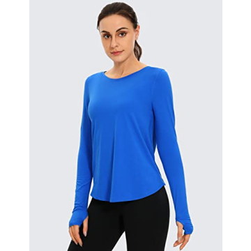 CRZ YOGA Women's Pima Cotton Long Sleeve Workout Shirts Open Back Yoga Tops Classic Fit Activewear Strong Blue Large