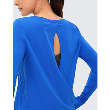CRZ YOGA Women's Pima Cotton Long Sleeve Workout Shirts Open Back Yoga Tops Classic Fit Activewear Strong Blue Large