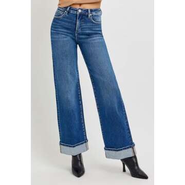 SALT TREE Risen Jeans - Tummy Control Cuffed Wide Jeans in Dark Blue