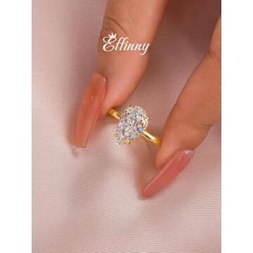 Effinny 3.5ct Solitaire Pear Shaped Engagement Ring For Women,Noble Gold Tone Crushed Ice Sterling Silver Simulated Diamond Promise Ring(Size:6)