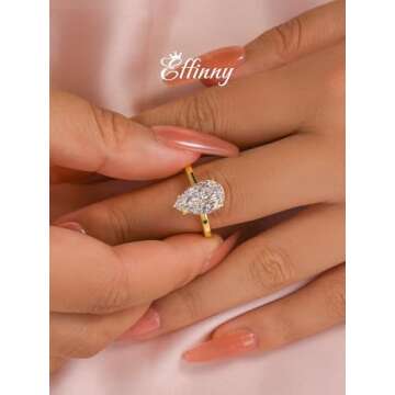Effinny 3.5ct Solitaire Pear Shaped Engagement Ring For Women,Noble Gold Tone Crushed Ice Sterling Silver Simulated Diamond Promise Ring(Size:6)
