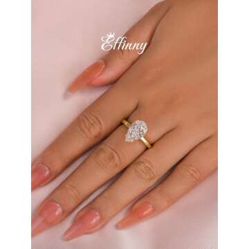 Effinny 3.5ct Solitaire Pear Shaped Engagement Ring For Women,Noble Gold Tone Crushed Ice Sterling Silver Simulated Diamond Promise Ring(Size:6)