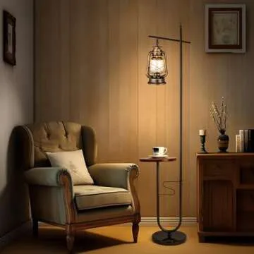 workluurop Vintage Floor Lamp with Table,Classical Lantern Standing Rustic Farmhouse Nightstand Hanging Arc Floor Lamp with Bronze Gold Finish,for Living Room,Bedroom,Reading Room(Bronze)
