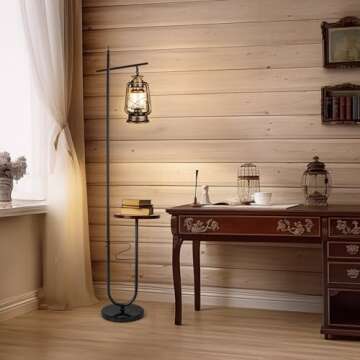 workluurop Vintage Floor Lamp with Table,Classical Lantern Standing Rustic Farmhouse Nightstand Hanging Arc Floor Lamp with Bronze Gold Finish,for Living Room,Bedroom,Reading Room(Bronze)