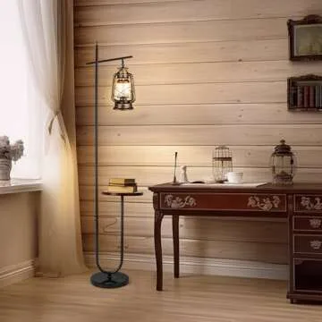 workluurop Vintage Floor Lamp with Table,Classical Lantern Standing Rustic Farmhouse Nightstand Hanging Arc Floor Lamp with Bronze Gold Finish,for Living Room,Bedroom,Reading Room(Bronze)