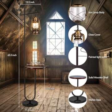 workluurop Vintage Floor Lamp with Table,Classical Lantern Standing Rustic Farmhouse Nightstand Hanging Arc Floor Lamp with Bronze Gold Finish,for Living Room,Bedroom,Reading Room(Bronze)