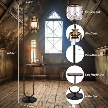 workluurop Vintage Floor Lamp with Table,Classical Lantern Standing Rustic Farmhouse Nightstand Hanging Arc Floor Lamp with Bronze Gold Finish,for Living Room,Bedroom,Reading Room(Bronze)