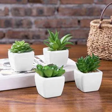 MyGift Assorted Artificial Succulent Plants, Indoor Fake Plant Living Room Decor in Modern White Cube Shaped Ceramic Pots, Set of 4