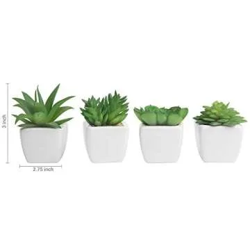 MyGift Assorted Artificial Succulent Plants, Indoor Fake Plant Living Room Decor in Modern White Cube Shaped Ceramic Pots, Set of 4