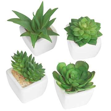 MyGift Assorted Artificial Succulent Plants, Indoor Fake Plant Living Room Decor in Modern White Cube Shaped Ceramic Pots, Set of 4