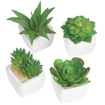 MyGift Assorted Artificial Succulent Plants, Indoor Fake Plant Living Room Decor in Modern White Cube Shaped Ceramic Pots, Set of 4
