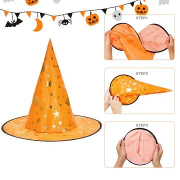 Century Star Witch Hat for Women Halloween Wizard Hat with Gold Star Party Hats for Adults Halloween Costume Accessories Orange & Purple One Size