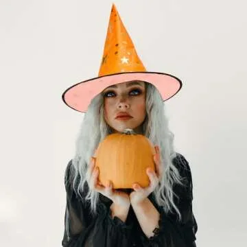 Century Star Witch Hat for Women Halloween Wizard Hat with Gold Star Party Hats for Adults Halloween Costume Accessories Orange & Purple One Size
