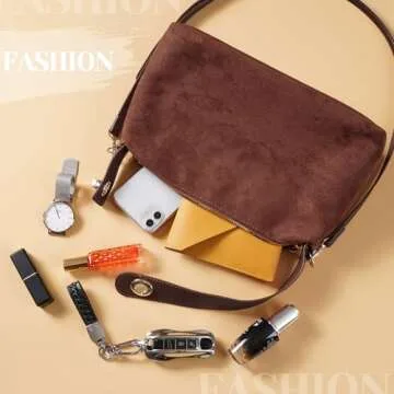 Stylish Brown Suede Handbag with Adjustable Strap