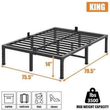 FUIOBYVV King Bed Frame: 14 Inch Heavy Duty Metal Platform With Noise-Free Support