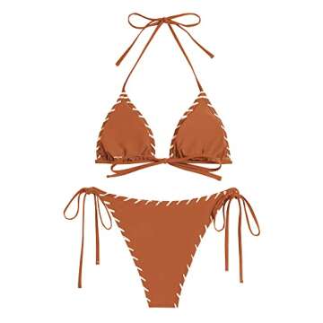 ZAFUL Women Bikini Set Two Piece Twisted Trim Tie Back Halter Cheeky Swimsuit Bathing Suit Brown