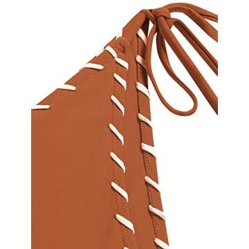 ZAFUL Women Bikini Set Two Piece Twisted Trim Tie Back Halter Cheeky Swimsuit Bathing Suit Brown