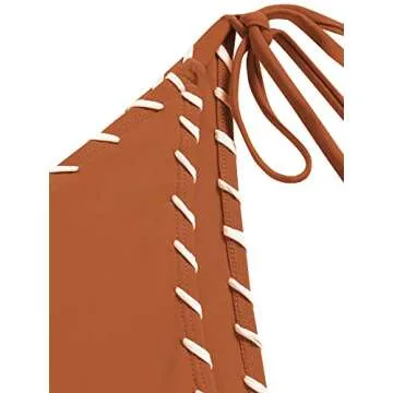 ZAFUL Women Bikini Set Two Piece Twisted Trim Tie Back Halter Cheeky Swimsuit Bathing Suit Brown