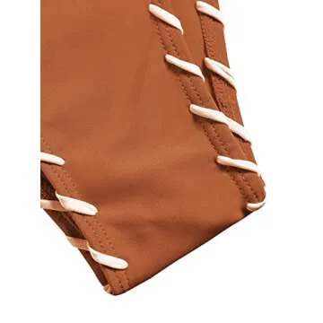 ZAFUL Women Bikini Set Two Piece Twisted Trim Tie Back Halter Cheeky Swimsuit Bathing Suit Brown