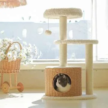 Happy & Polly 33.1" Rattan Weaving Cat Tree Tower Condo with Scratching Posts Luxury Cozy House Indo...