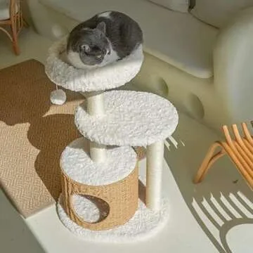 Happy & Polly 33.1" Rattan Weaving Cat Tree Tower Condo with Scratching Posts Luxury Cozy House Indoor for Cats, Multi-Level Play Activities Platform Soft Perch