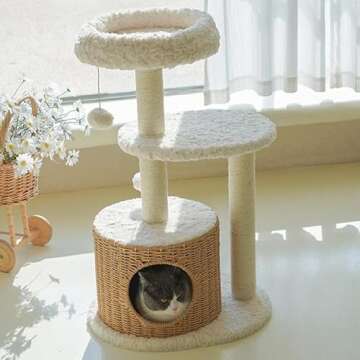 Happy & Polly 33.1" Rattan Weaving Cat Tree Tower Condo with Scratching Posts Luxury Cozy House Indoor for Cats, Multi-Level Play Activities Platform Soft Perch