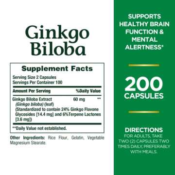 Nature's Bounty Ginkgo Biloba, Supports Healthy Brain Function, Herbal Supplement, 60 Mg, 200 Capsul...